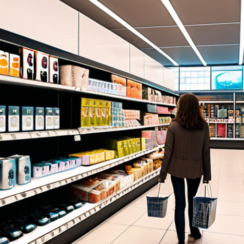 **A brightly lit, modern retail store aisle. Shelves are stocked with various products. In the foreground, a shopper is looking at a shelf, seemingly tailored to their interests. Subtle data visualizations (graphs, charts) overlayed on the scene, hinting at the data analysis behind the personalized shopping experience.**
