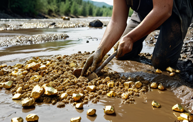 **Prompt:** Data cleaning process: A person meticulously sifting through muddy river water, separating gold nuggets (representing valuable data) from debris.