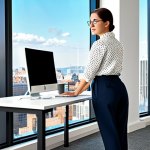 **

"A professional data analyst in a modest blouse and smart casual pants, working at a standing desk in a bright, modern office overlooking the city, fully clothed, appropriate attire, safe for work, perfect anatomy, correct proportions, natural pose, professional digital art, high quality, family-friendly."

**