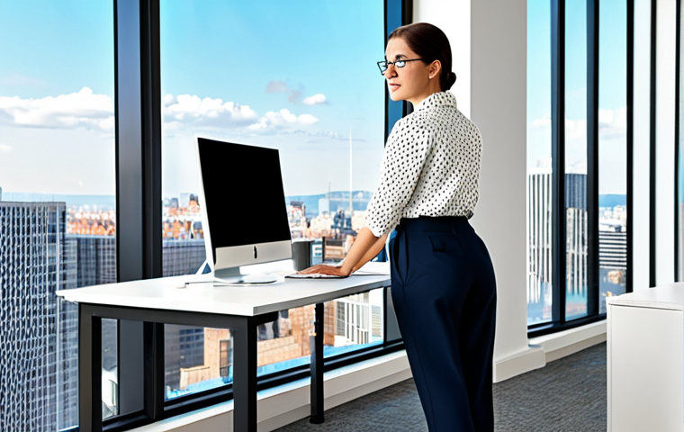 **

"A professional data analyst in a modest blouse and smart casual pants, working at a standing desk in a bright, modern office overlooking the city, fully clothed, appropriate attire, safe for work, perfect anatomy, correct proportions, natural pose, professional digital art, high quality, family-friendly."

**
