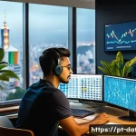파이썬을 활용한 데이터 분석 실습 - A modern office workspace showing a young Brazilian data analyst sitting at a desk with multiple mon...