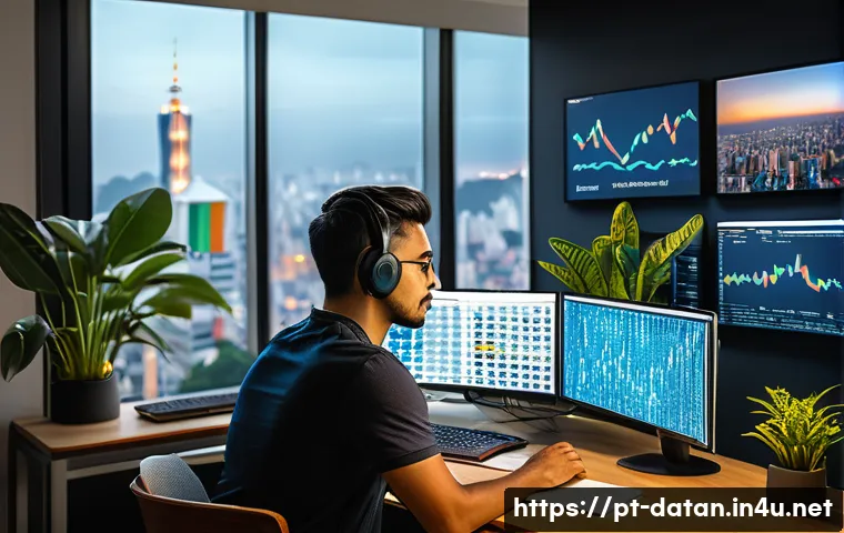 파이썬을 활용한 데이터 분석 실습 - A modern office workspace showing a young Brazilian data analyst sitting at a desk with multiple mon...