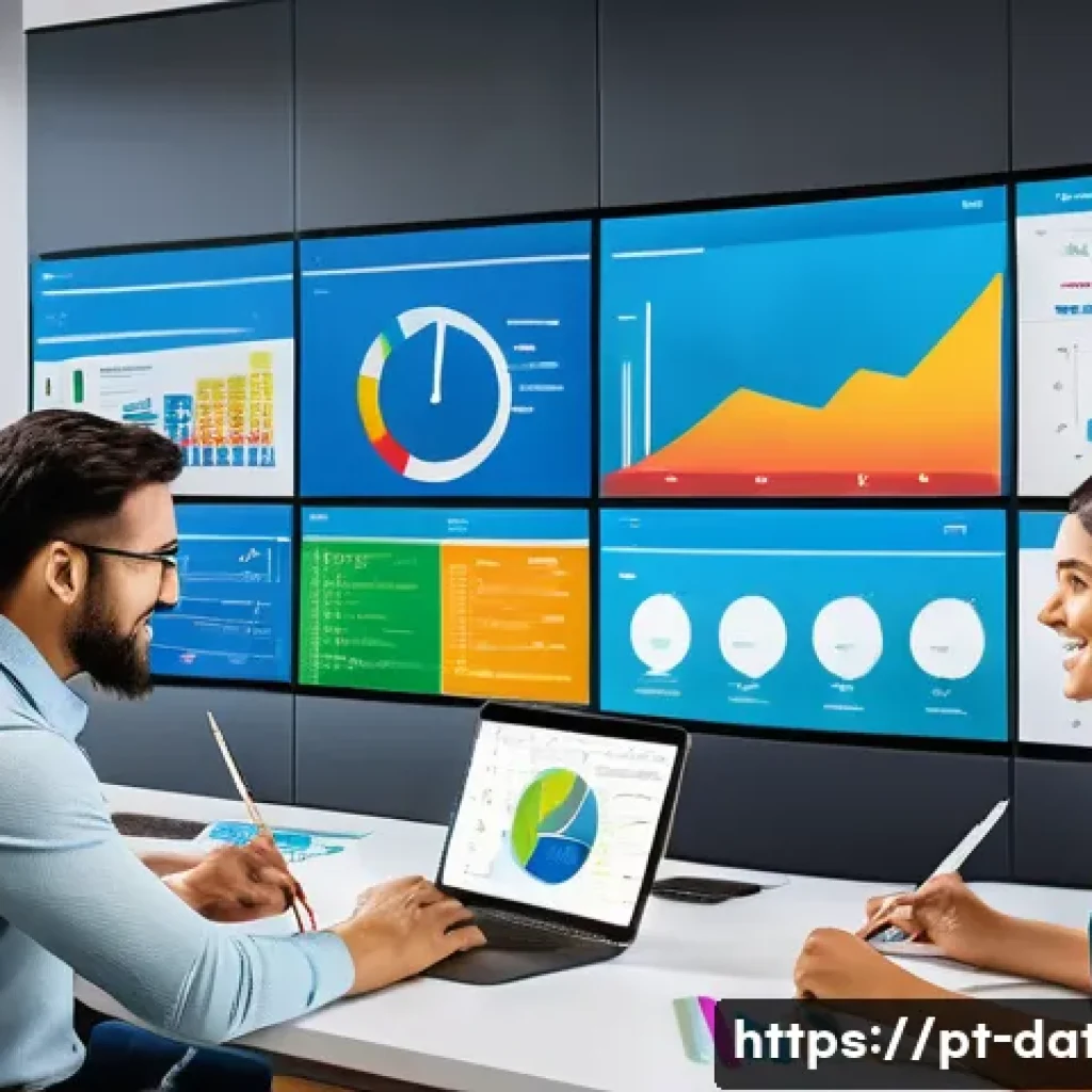데이터 분석에서 자주 사용하는 통계 기법 - A modern office scene showing a diverse team of Brazilian marketing professionals analyzing colorful...