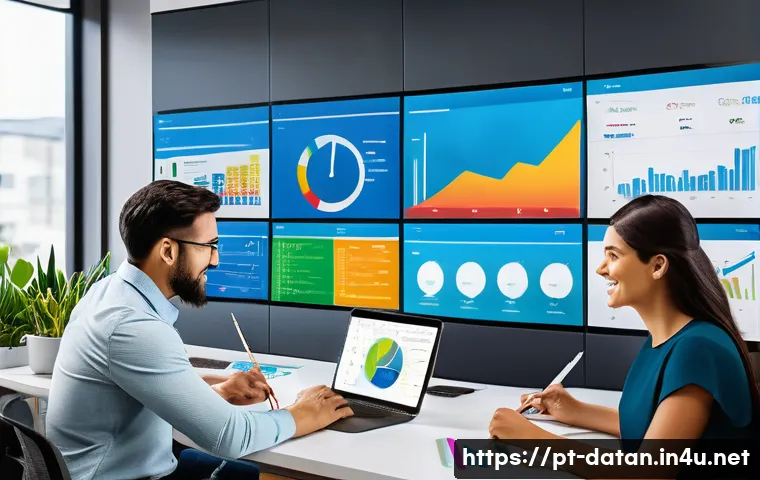 데이터 분석에서 자주 사용하는 통계 기법 - A modern office scene showing a diverse team of Brazilian marketing professionals analyzing colorful...