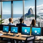 데이터 분석 관련 도서 추천 - A modern Brazilian office environment where a diverse group of young professionals collaborates arou...