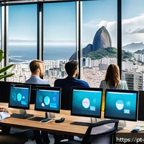 데이터 분석 관련 도서 추천 - A modern Brazilian office environment where a diverse group of young professionals collaborates arou...