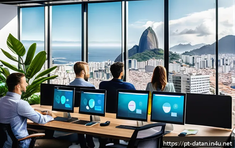 데이터 분석 관련 도서 추천 - A modern Brazilian office environment where a diverse group of young professionals collaborates arou...